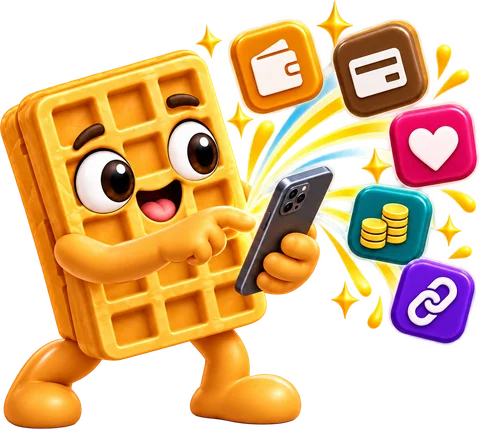 The WaffleLink mascot, a smiling waffle, tapping a phone as payment icons fly out